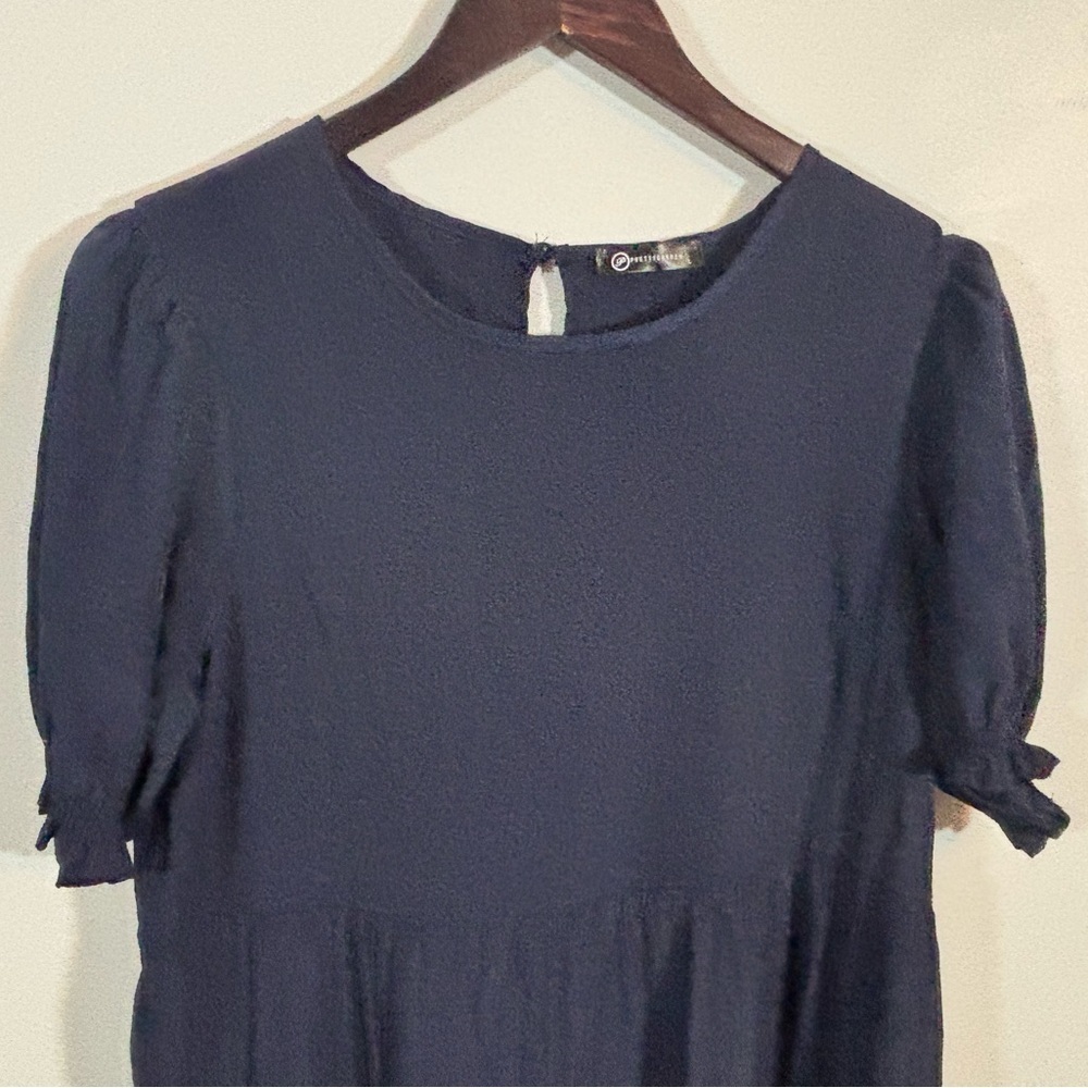 PRETTYGARDEN Navy Puff Sleeve Tiered Midi Dress Size Large Textured Stretchy